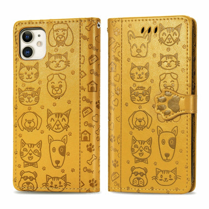 For iPhone 11 Cute Cat and Dog Embossed Horizontal Flip PU Leather Case with Holder / Card Slot / Wallet / Lanyard(Yellow)-garmade.com