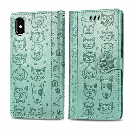 For iPhone XS/X Cute Cat and Dog Embossed Horizontal Flip PU Leather Case with Holder / Card Slot / Wallet / Lanyard(Grass Green)-garmade.com