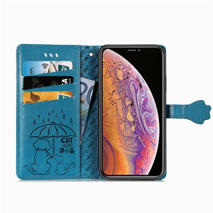 For iPhone XS/X Cute Cat and Dog Embossed Horizontal Flip PU Leather Case with Holder / Card Slot / Wallet / Lanyard(Blue)-garmade.com