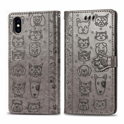 For iPhone XS/X Cute Cat and Dog Embossed Horizontal Flip PU Leather Case with Holder / Card Slot / Wallet / Lanyard(Grey)-garmade.com