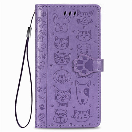 For iPhone XS/X Cute Cat and Dog Embossed Horizontal Flip PU Leather Case with Holder / Card Slot / Wallet / Lanyard(Light Purple)-garmade.com