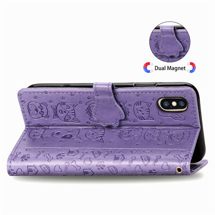 For iPhone XS/X Cute Cat and Dog Embossed Horizontal Flip PU Leather Case with Holder / Card Slot / Wallet / Lanyard(Light Purple)-garmade.com
