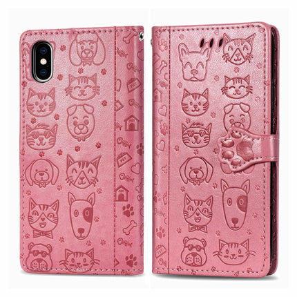 For iPhone XS/X Cute Cat and Dog Embossed Horizontal Flip PU Leather Case with Holder / Card Slot / Wallet / Lanyard(Pink)-garmade.com