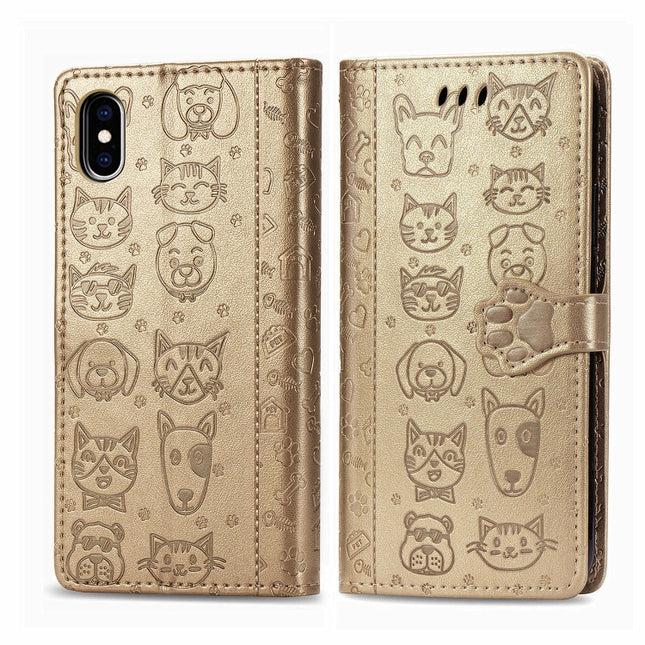 For iPhone XS/X Cute Cat and Dog Embossed Horizontal Flip PU Leather Case with Holder / Card Slot / Wallet / Lanyard(Gold)-garmade.com