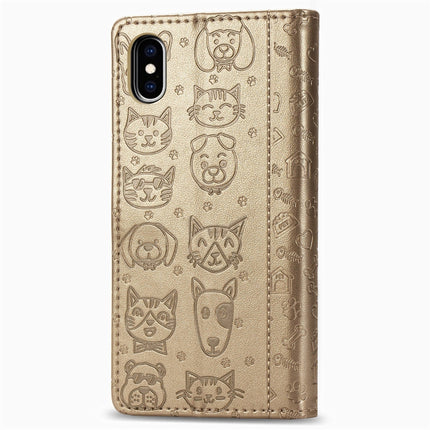 For iPhone XS/X Cute Cat and Dog Embossed Horizontal Flip PU Leather Case with Holder / Card Slot / Wallet / Lanyard(Gold)-garmade.com