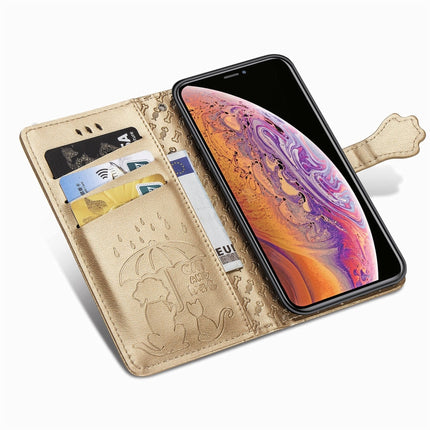 For iPhone XS/X Cute Cat and Dog Embossed Horizontal Flip PU Leather Case with Holder / Card Slot / Wallet / Lanyard(Gold)-garmade.com