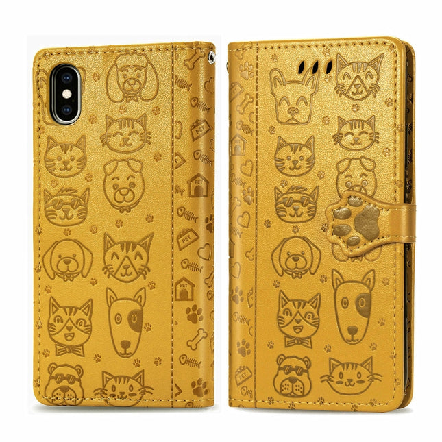 For iPhone XS/X Cute Cat and Dog Embossed Horizontal Flip PU Leather Case with Holder / Card Slot / Wallet / Lanyard(Yellow)-garmade.com
