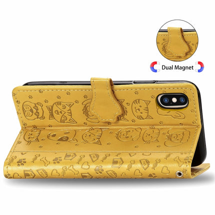 For iPhone XS/X Cute Cat and Dog Embossed Horizontal Flip PU Leather Case with Holder / Card Slot / Wallet / Lanyard(Yellow)-garmade.com