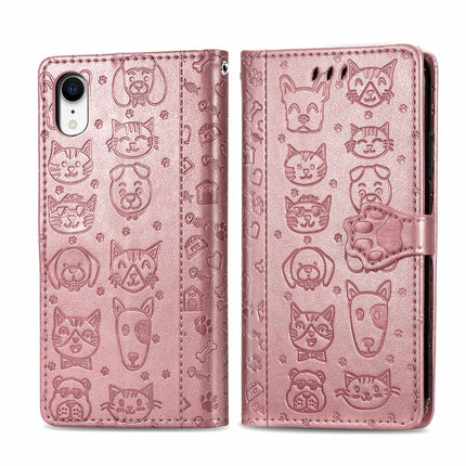 For iPhone XR Cute Cat and Dog Embossed Horizontal Flip PU Leather Case with Holder / Card Slot / Wallet / Lanyard(Rose Gold)-garmade.com
