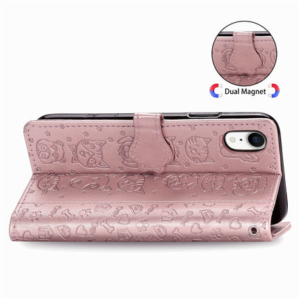 For iPhone XR Cute Cat and Dog Embossed Horizontal Flip PU Leather Case with Holder / Card Slot / Wallet / Lanyard(Rose Gold)-garmade.com