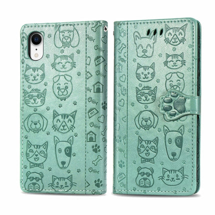 For iPhone XR Cute Cat and Dog Embossed Horizontal Flip PU Leather Case with Holder / Card Slot / Wallet / Lanyard(Grass Green)-garmade.com