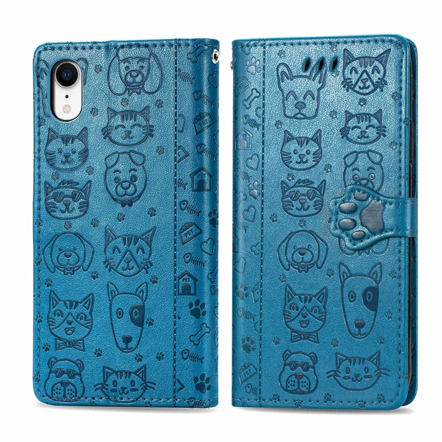 For iPhone XR Cute Cat and Dog Embossed Horizontal Flip PU Leather Case with Holder / Card Slot / Wallet / Lanyard(Blue)-garmade.com
