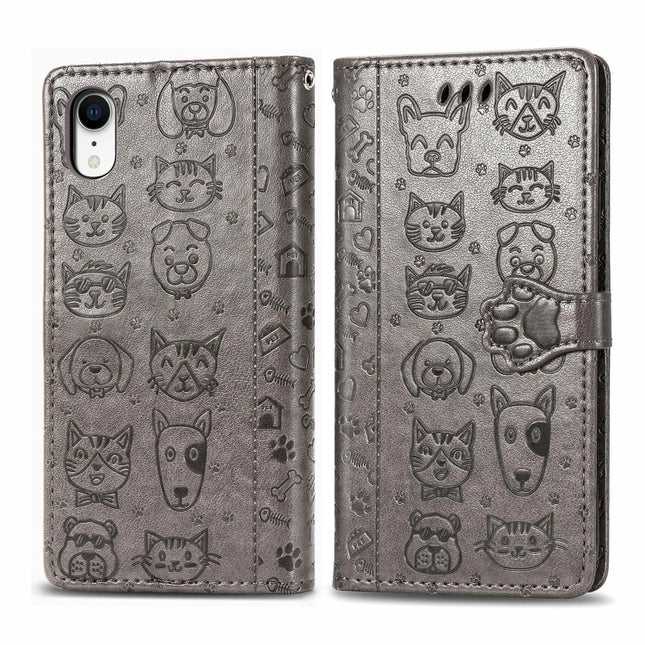For iPhone XR Cute Cat and Dog Embossed Horizontal Flip PU Leather Case with Holder / Card Slot / Wallet / Lanyard(Grey)-garmade.com