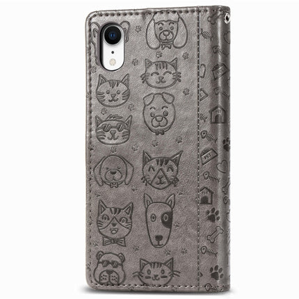 For iPhone XR Cute Cat and Dog Embossed Horizontal Flip PU Leather Case with Holder / Card Slot / Wallet / Lanyard(Grey)-garmade.com