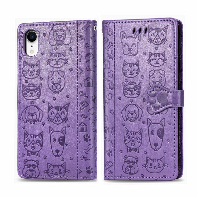 For iPhone XR Cute Cat and Dog Embossed Horizontal Flip PU Leather Case with Holder / Card Slot / Wallet / Lanyard(Light Purple)-garmade.com