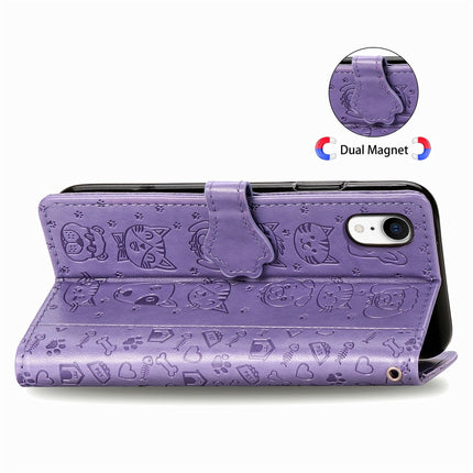 For iPhone XR Cute Cat and Dog Embossed Horizontal Flip PU Leather Case with Holder / Card Slot / Wallet / Lanyard(Light Purple)-garmade.com