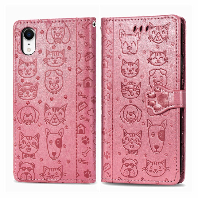 For iPhone XR Cute Cat and Dog Embossed Horizontal Flip PU Leather Case with Holder / Card Slot / Wallet / Lanyard(Pink)-garmade.com