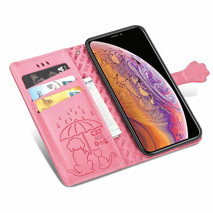 For iPhone XR Cute Cat and Dog Embossed Horizontal Flip PU Leather Case with Holder / Card Slot / Wallet / Lanyard(Pink)-garmade.com