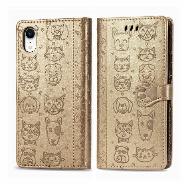 For iPhone XR Cute Cat and Dog Embossed Horizontal Flip PU Leather Case with Holder / Card Slot / Wallet / Lanyard(Gold)-garmade.com