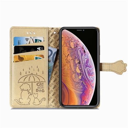 For iPhone XR Cute Cat and Dog Embossed Horizontal Flip PU Leather Case with Holder / Card Slot / Wallet / Lanyard(Gold)-garmade.com