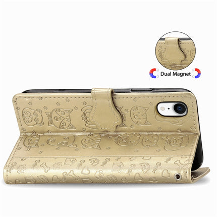 For iPhone XR Cute Cat and Dog Embossed Horizontal Flip PU Leather Case with Holder / Card Slot / Wallet / Lanyard(Gold)-garmade.com