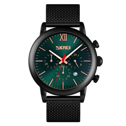 Skmei 9203 Night Light Men Watch Fashion Leisure Multi-Function Timing Steel Mesh Belt Quartz Watch(Green)-garmade.com