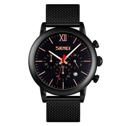 Skmei 9203 Night Light Men Watch Fashion Leisure Multi-Function Timing Steel Mesh Belt Quartz Watch(Black)-garmade.com