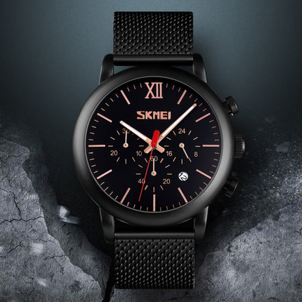 Skmei 9203 Night Light Men Watch Fashion Leisure Multi-Function Timing Steel Mesh Belt Quartz Watch(Black)-garmade.com