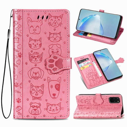 For Galaxy S20 Plus Cute Cat and Dog Embossed Horizontal Flip Leather Case with Bracket / Card Slot / Wallet / Lanyard(Pink)-garmade.com