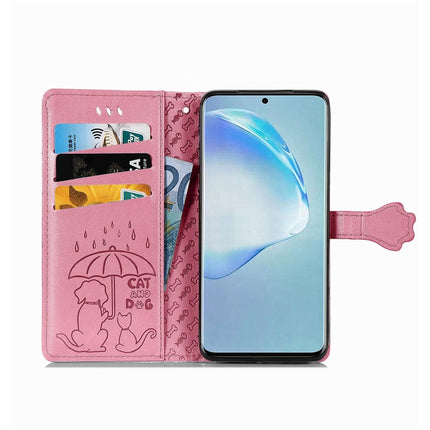 For Galaxy S20 Plus Cute Cat and Dog Embossed Horizontal Flip Leather Case with Bracket / Card Slot / Wallet / Lanyard(Pink)-garmade.com