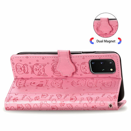 For Galaxy S20 Plus Cute Cat and Dog Embossed Horizontal Flip Leather Case with Bracket / Card Slot / Wallet / Lanyard(Pink)-garmade.com