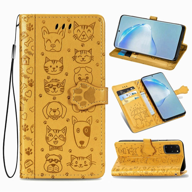For Galaxy S20 Plus Cute Cat and Dog Embossed Horizontal Flip Leather Case with Bracket / Card Slot / Wallet / Lanyard(Yellow)-garmade.com