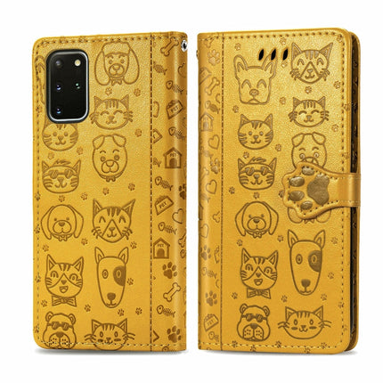 For Galaxy S20 Plus Cute Cat and Dog Embossed Horizontal Flip Leather Case with Bracket / Card Slot / Wallet / Lanyard(Yellow)-garmade.com