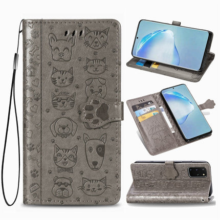 For Galaxy S20 Plus Cute Cat and Dog Embossed Horizontal Flip Leather Case with Bracket / Card Slot / Wallet / Lanyard(Gray)-garmade.com