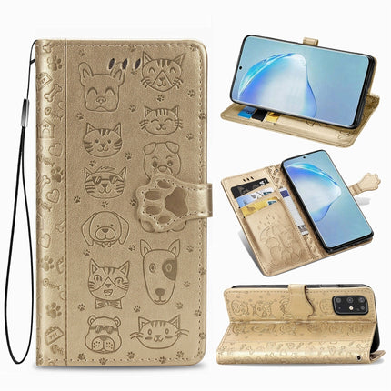 For Galaxy S20 Plus Cute Cat and Dog Embossed Horizontal Flip Leather Case with Bracket / Card Slot / Wallet / Lanyard(Gold)-garmade.com
