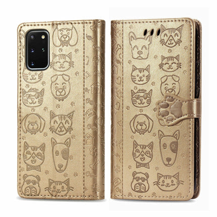 For Galaxy S20 Plus Cute Cat and Dog Embossed Horizontal Flip Leather Case with Bracket / Card Slot / Wallet / Lanyard(Gold)-garmade.com