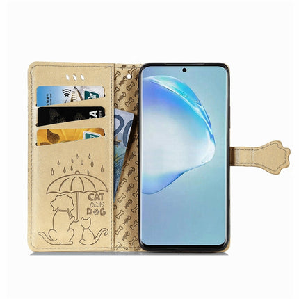 For Galaxy S20 Plus Cute Cat and Dog Embossed Horizontal Flip Leather Case with Bracket / Card Slot / Wallet / Lanyard(Gold)-garmade.com