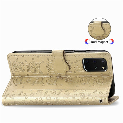 For Galaxy S20 Plus Cute Cat and Dog Embossed Horizontal Flip Leather Case with Bracket / Card Slot / Wallet / Lanyard(Gold)-garmade.com