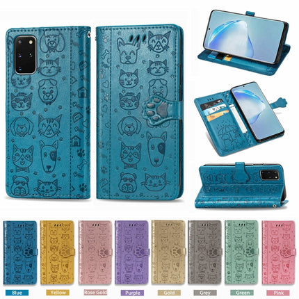 For Galaxy S20 Plus Cute Cat and Dog Embossed Horizontal Flip Leather Case with Bracket / Card Slot / Wallet / Lanyard(Gold)-garmade.com