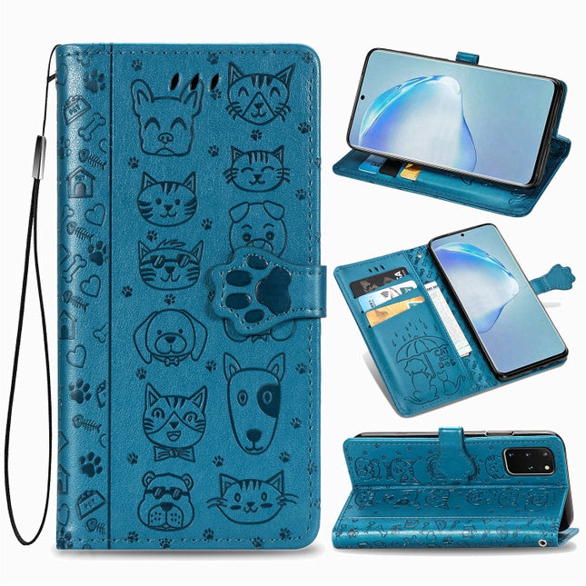 For Galaxy S20 Plus Cute Cat and Dog Embossed Horizontal Flip Leather Case with Bracket / Card Slot / Wallet / Lanyard(Blue)-garmade.com