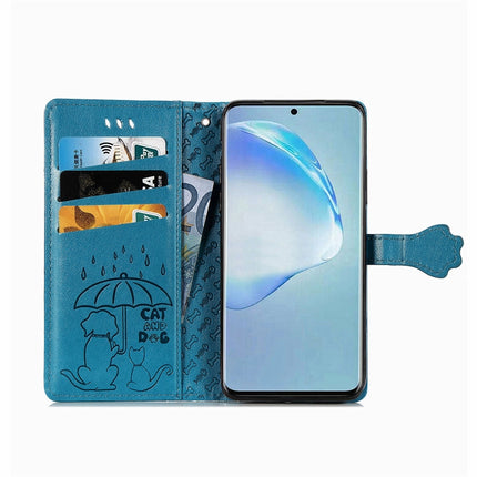 For Galaxy S20 Plus Cute Cat and Dog Embossed Horizontal Flip Leather Case with Bracket / Card Slot / Wallet / Lanyard(Blue)-garmade.com