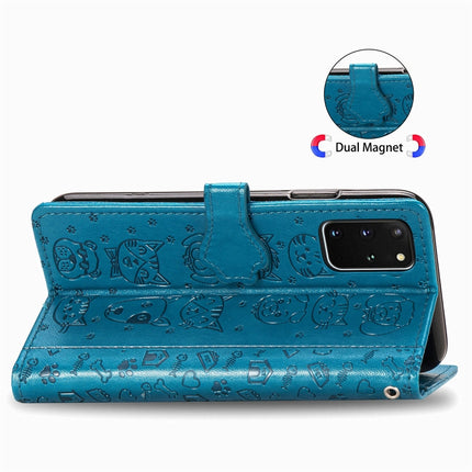 For Galaxy S20 Plus Cute Cat and Dog Embossed Horizontal Flip Leather Case with Bracket / Card Slot / Wallet / Lanyard(Blue)-garmade.com