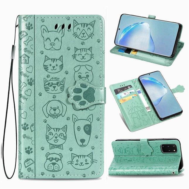 For Galaxy S20 Plus Cute Cat and Dog Embossed Horizontal Flip Leather Case with Bracket / Card Slot / Wallet / Lanyard(Green)-garmade.com