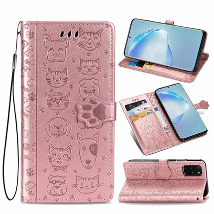 For Galaxy S20 Plus Cute Cat and Dog Embossed Horizontal Flip Leather Case with Bracket / Card Slot / Wallet / Lanyard(Rose Gold)-garmade.com