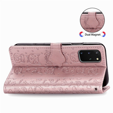For Galaxy S20 Plus Cute Cat and Dog Embossed Horizontal Flip Leather Case with Bracket / Card Slot / Wallet / Lanyard(Rose Gold)-garmade.com