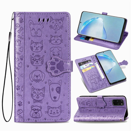 For Galaxy S20 Plus Cute Cat and Dog Embossed Horizontal Flip Leather Case with Bracket / Card Slot / Wallet / Lanyard(Purple)-garmade.com