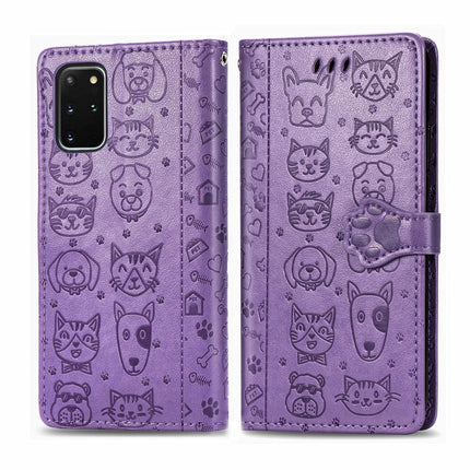 For Galaxy S20 Plus Cute Cat and Dog Embossed Horizontal Flip Leather Case with Bracket / Card Slot / Wallet / Lanyard(Purple)-garmade.com