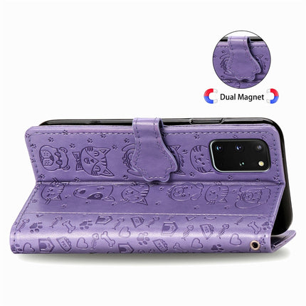 For Galaxy S20 Plus Cute Cat and Dog Embossed Horizontal Flip Leather Case with Bracket / Card Slot / Wallet / Lanyard(Purple)-garmade.com