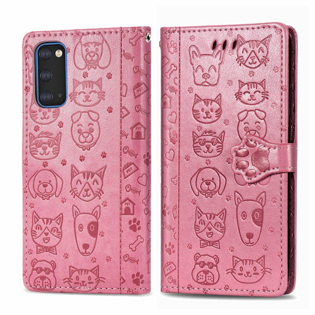 For Galaxy S20 Cute Cat and Dog Embossed Horizontal Flip Leather Case with Bracket / Card Slot / Wallet / Lanyard(Pink)-garmade.com