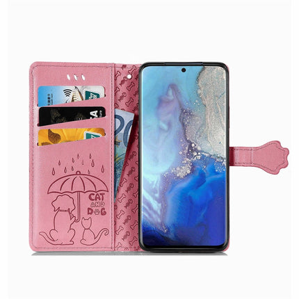 For Galaxy S20 Cute Cat and Dog Embossed Horizontal Flip Leather Case with Bracket / Card Slot / Wallet / Lanyard(Pink)-garmade.com